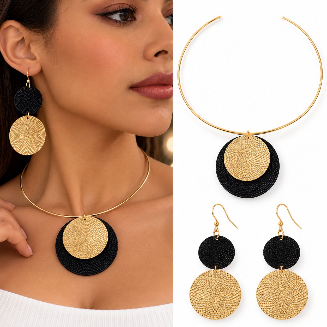 Conjunto de gargantilla y aretes negro y dorado
