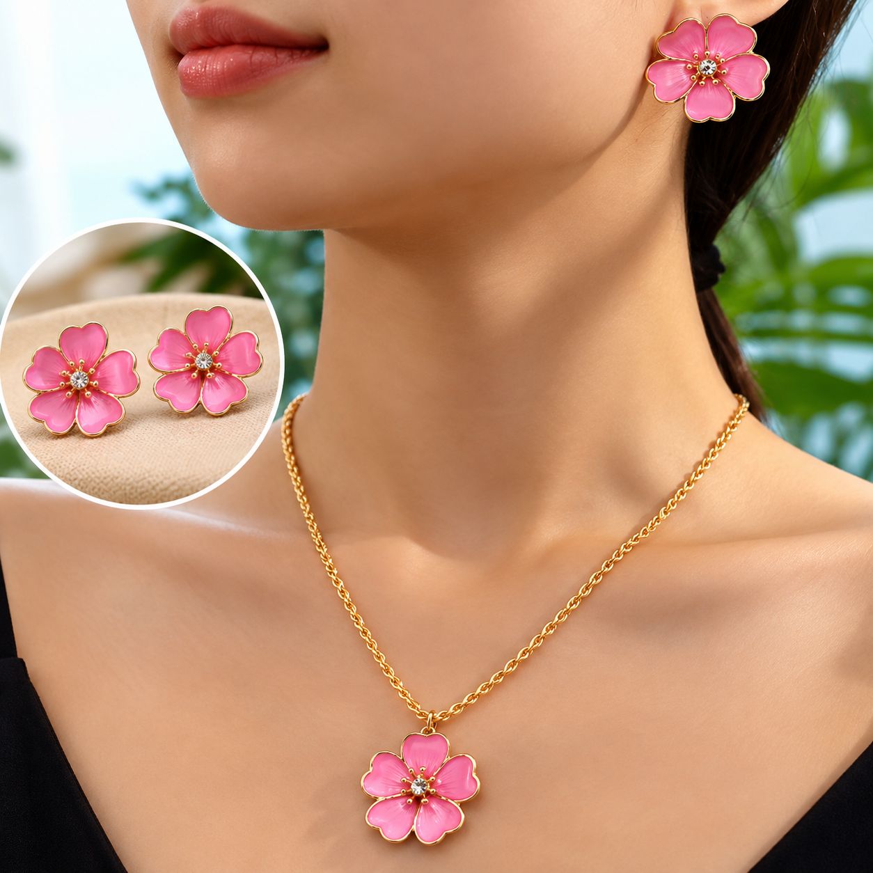 Conjunto de cadena y aretes con flores rosadas