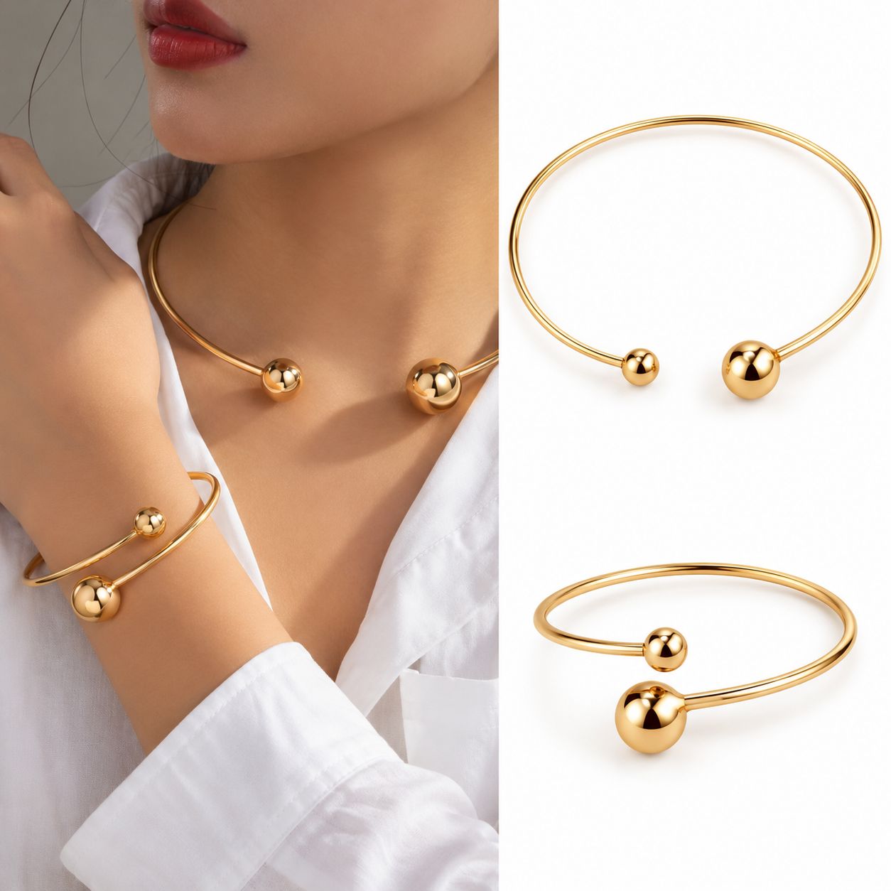 Conjunto de gargantilla y pulsera doradas con esferas