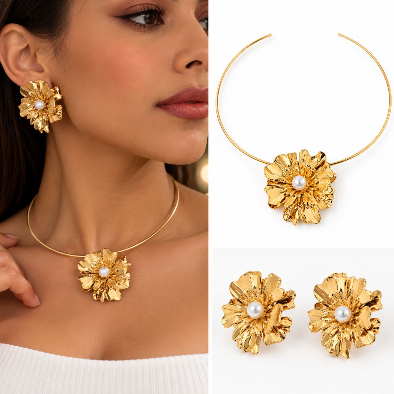 Conjunto floral dorado con centro perlado