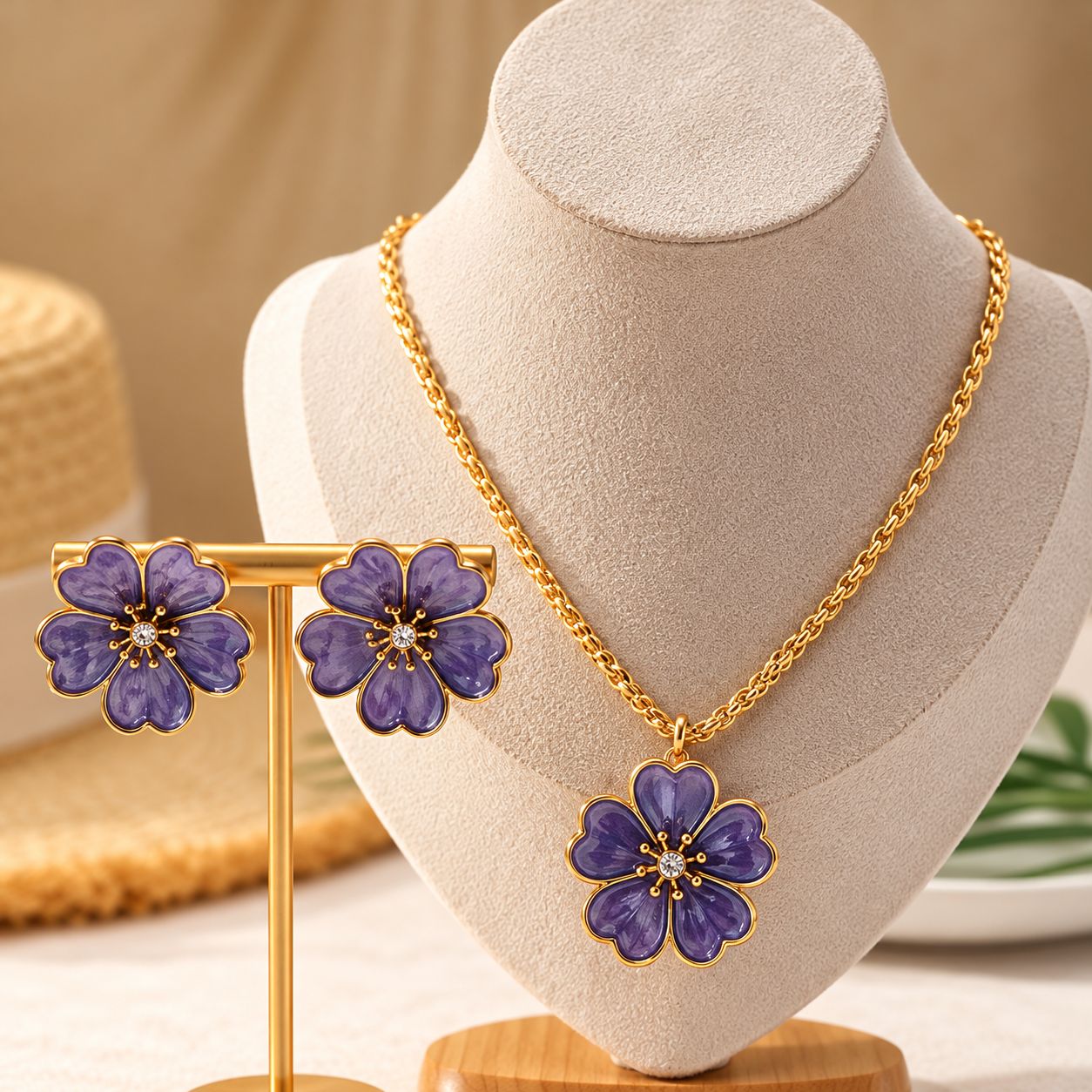 Conjunto de collar y aretes con flores moradas